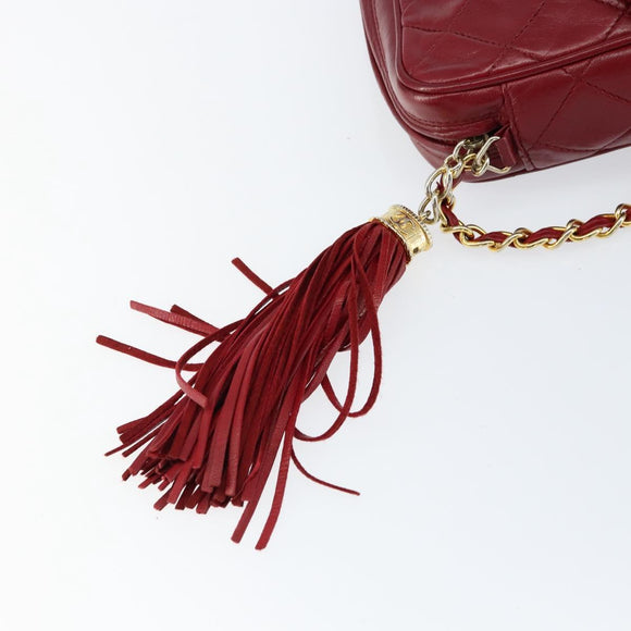 CHANEL Matelasse Fringe Chain Shoulder Bag Lamb Skin Red Gold CC Auth bs30487