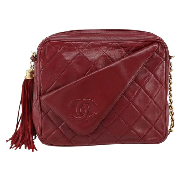 CHANEL Matelasse Fringe Chain Shoulder Bag Lamb Skin Red Gold CC Auth bs30487