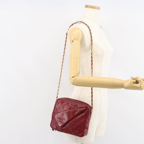 CHANEL Matelasse Fringe Chain Shoulder Bag Lamb Skin Red Gold CC Auth bs30487