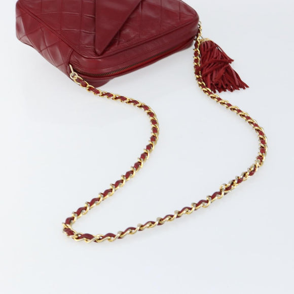 CHANEL Matelasse Fringe Chain Shoulder Bag Lamb Skin Red Gold CC Auth bs30487