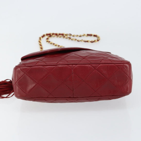 CHANEL Matelasse Fringe Chain Shoulder Bag Lamb Skin Red Gold CC Auth bs30487