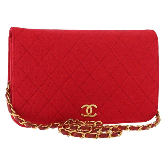 CHANEL Matelasse Chain Shoulder Bag Cotton Red Gold CC Auth bs30488
