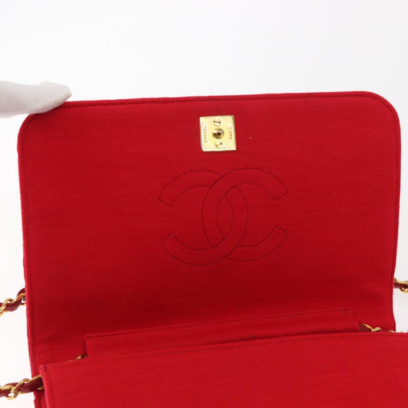 CHANEL Matelasse Chain Shoulder Bag Cotton Red Gold CC Auth bs30488