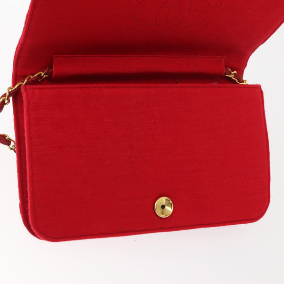 CHANEL Matelasse Chain Shoulder Bag Cotton Red Gold CC Auth bs30488