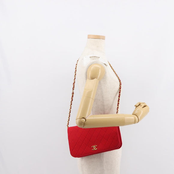 CHANEL Matelasse Chain Shoulder Bag Cotton Red Gold CC Auth bs30488