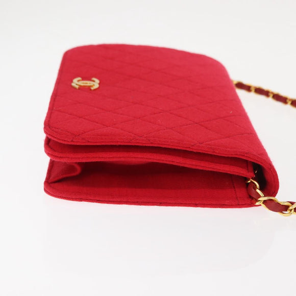 CHANEL Matelasse Chain Shoulder Bag Cotton Red Gold CC Auth bs30488