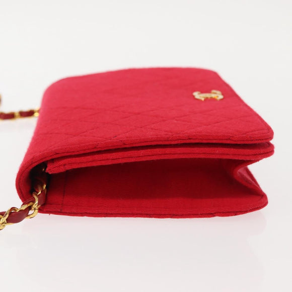 CHANEL Matelasse Chain Shoulder Bag Cotton Red Gold CC Auth bs30488