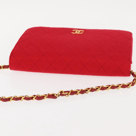 CHANEL Matelasse Chain Shoulder Bag Cotton Red Gold CC Auth bs30488