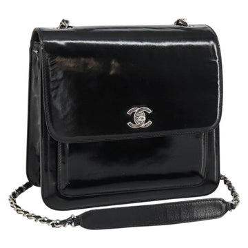 CHANEL Flap Chain Shoulder Bag Patent leather Black Silver CC Auth bs30494