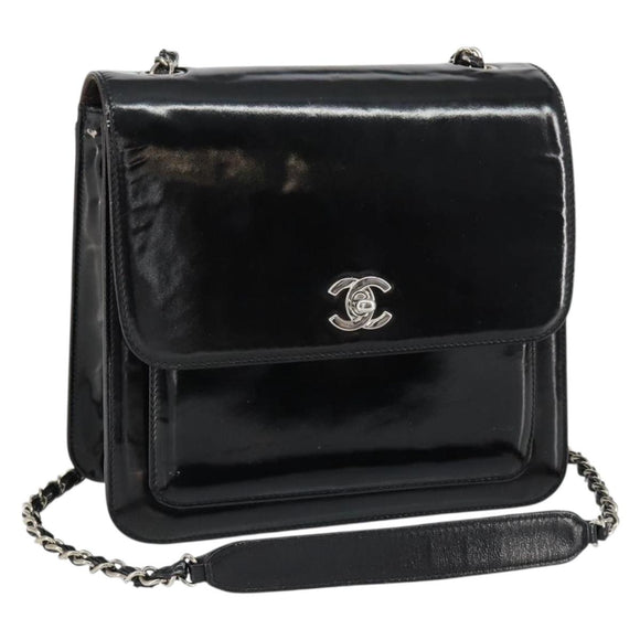 CHANEL Flap Chain Shoulder Bag Patent leather Black Silver CC Auth bs30494