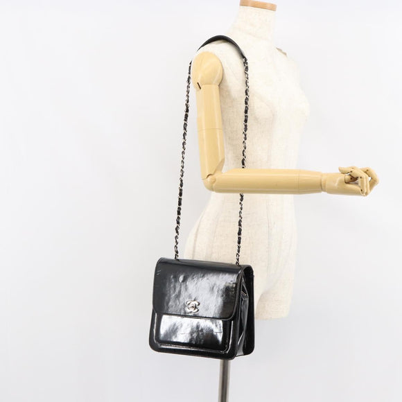 CHANEL Flap Chain Shoulder Bag Patent leather Black Silver CC Auth bs30494