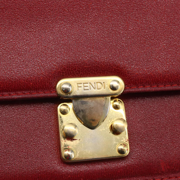 FENDI Hand Bag Leather Red Gold Auth bs30500