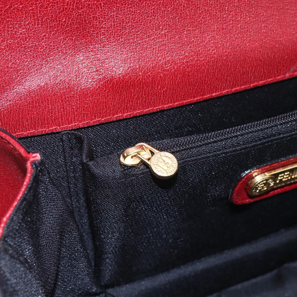 FENDI Hand Bag Leather Red Gold Auth bs30500