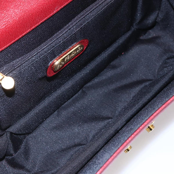FENDI Hand Bag Leather Red Gold Auth bs30500