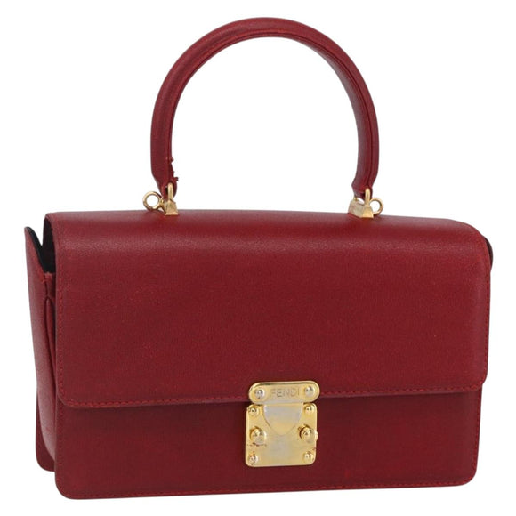 FENDI Hand Bag Leather Red Gold Auth bs30500