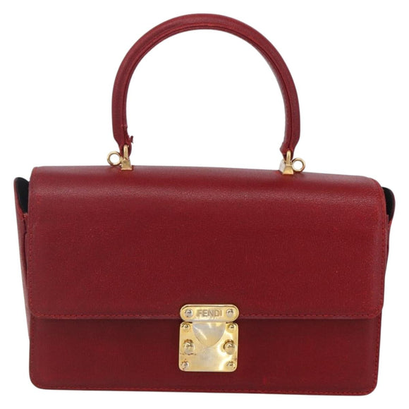 FENDI Hand Bag Leather Red Gold Auth bs30500