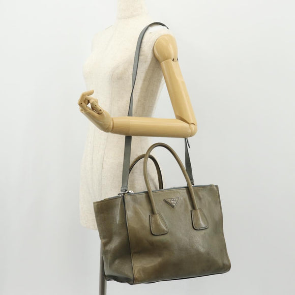 PRADA Tote Bag Leather 2way Gray Silver Auth bs30504