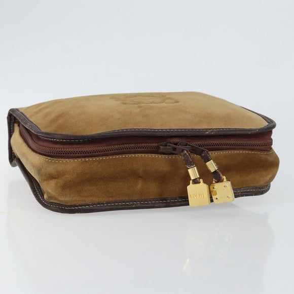 LOEWE Anagram Clutch Bag Leather Suede Brown Gold Auth bs30507