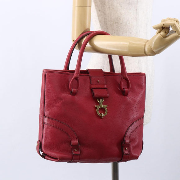 Salvatore Ferragamo Gancini Tote Bag Leather Red Gold Auth bs30509