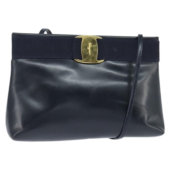 Salvatore Ferragamo Vala Shoulder Bag Leather Navy Gold Auth bs30511