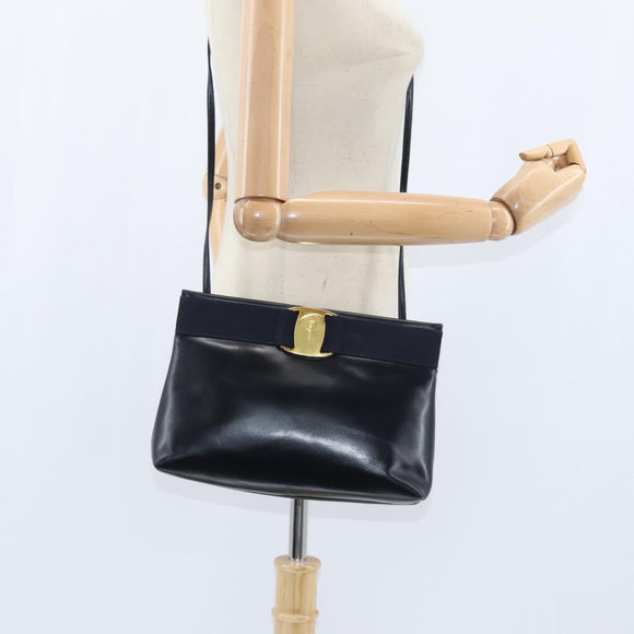 Salvatore Ferragamo Vala Shoulder Bag Leather Navy Gold Auth bs30511