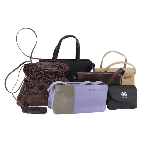 GIVENCHY Hand Bag Leather Nylon Canvas 5 Set Brown Black purple Auth bs30528