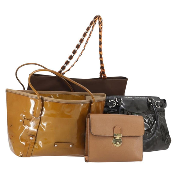 Salvatore Ferragamo Tote Bag PVC Nylon Leather 4 Set Brown Black Auth bs30529
