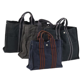 HERMES Tote Bag Canvas 4 Set Black Navy khaki Auth bs30530