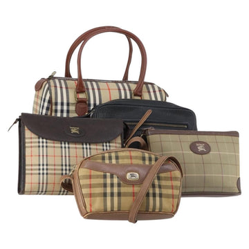 Burberrys Burberry Nova Check Bag Canvas Leather 5 Set Beige Black Auth bs30534