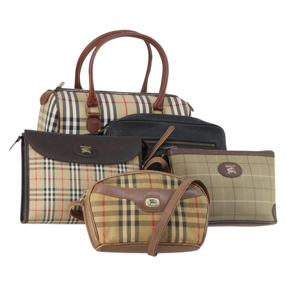 Burberrys Burberry Nova Check Bag Canvas Leather 5 Set Beige Black Auth bs30534