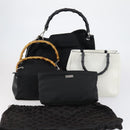 GUCCI Bamboo Hand Bag Nylon Leather 4 Set Black White Auth bs30537-25