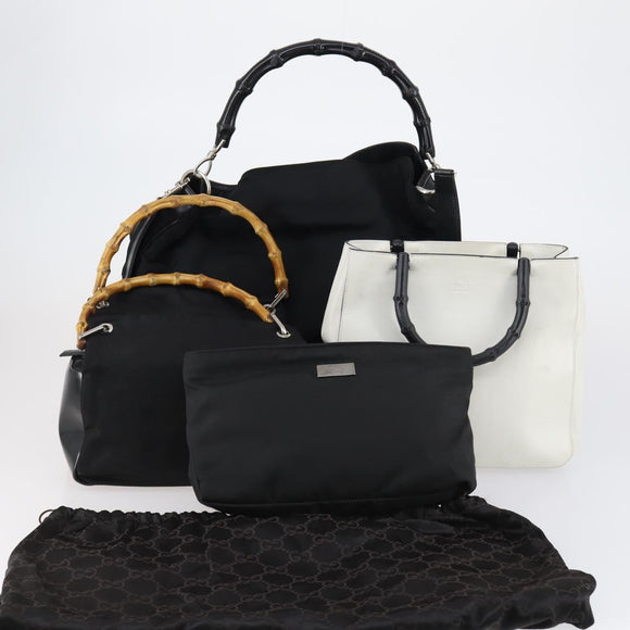 GUCCI Bamboo Hand Bag Nylon Leather 4 Set Black White Auth bs30537