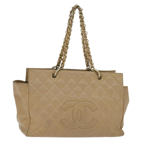 CHANEL Matelasse COCO Mark Chain Tote Bag Caviar Skin Beige Gold CC Auth bs30576