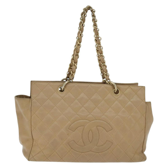 CHANEL Matelasse COCO Mark Chain Tote Bag Caviar Skin Beige Gold CC Auth bs30576
