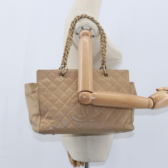 CHANEL Matelasse COCO Mark Chain Tote Bag Caviar Skin Beige Gold CC Auth bs30576