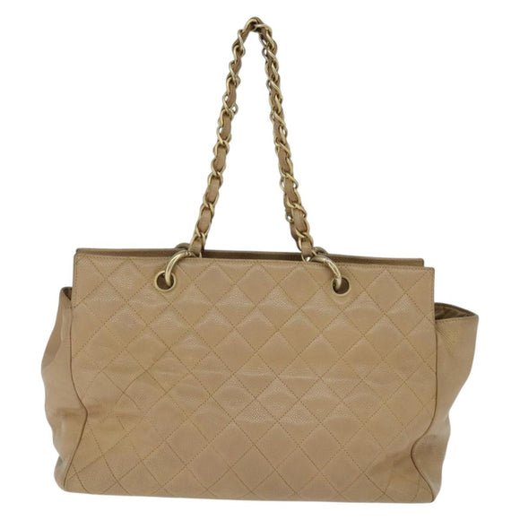 CHANEL Matelasse COCO Mark Chain Tote Bag Caviar Skin Beige Gold CC Auth bs30576