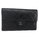 CHANEL Matelasse Long Wallet Lamb Skin Black Silver CC Auth bs30604-1
