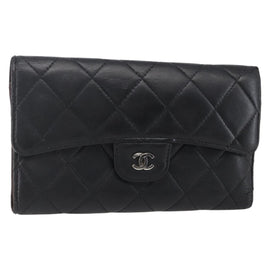 CHANEL Matelasse Long Wallet Lamb Skin Black Silver CC Auth bs30604