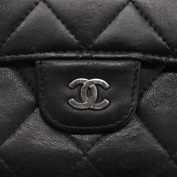 CHANEL Matelasse Long Wallet Lamb Skin Black Silver CC Auth bs30604