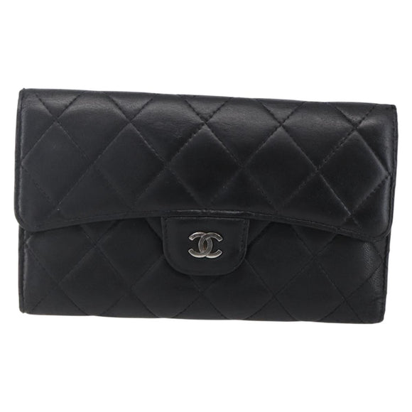 CHANEL Matelasse Long Wallet Lamb Skin Black Silver CC Auth bs30604
