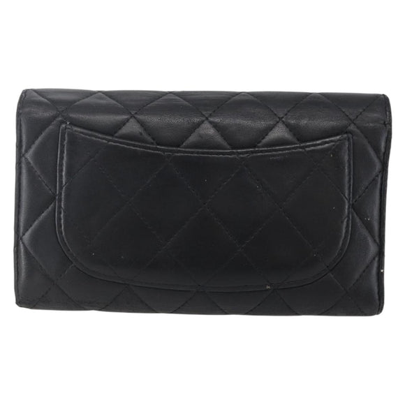 CHANEL Matelasse Long Wallet Lamb Skin Black Silver CC Auth bs30604