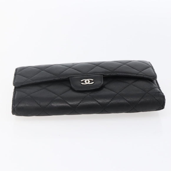 CHANEL Matelasse Long Wallet Lamb Skin Black Silver CC Auth bs30604