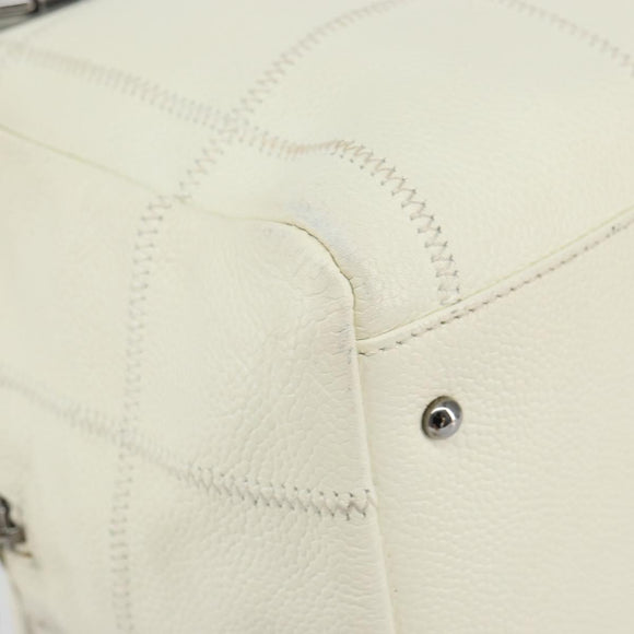 CHANEL Choco Bar Shoulder Bag Caviar Skin White Silver CC Auth bs30605