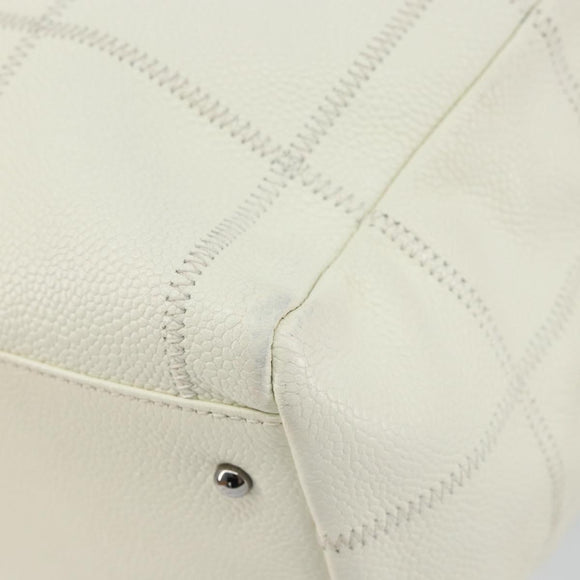 CHANEL Choco Bar Shoulder Bag Caviar Skin White Silver CC Auth bs30605