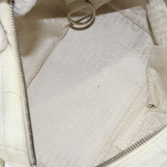 CHANEL Choco Bar Shoulder Bag Caviar Skin White Silver CC Auth bs30605