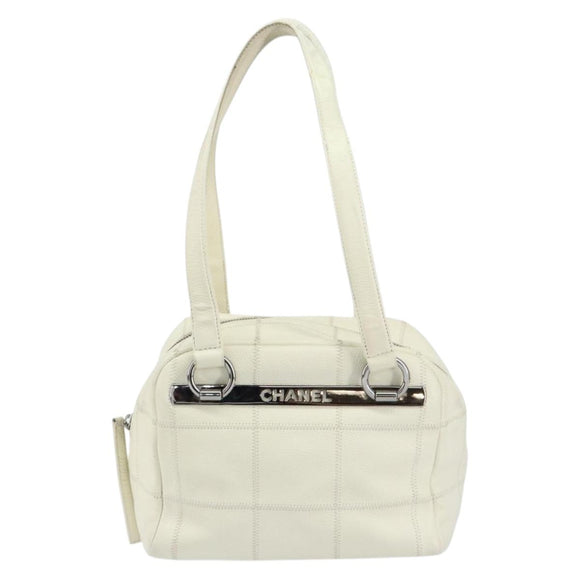 CHANEL Choco Bar Shoulder Bag Caviar Skin White Silver CC Auth bs30605