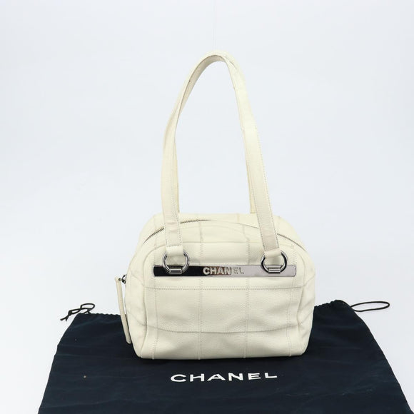 CHANEL Choco Bar Shoulder Bag Caviar Skin White Silver CC Auth bs30605