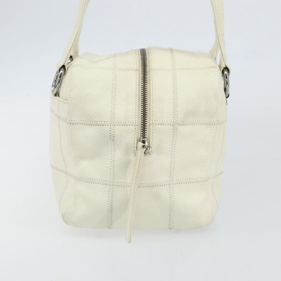 CHANEL Choco Bar Shoulder Bag Caviar Skin White Silver CC Auth bs30605