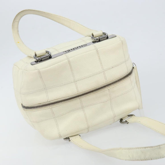 CHANEL Choco Bar Shoulder Bag Caviar Skin White Silver CC Auth bs30605