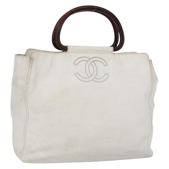 CHANEL COCO Mark Hand Bag Caviar Skin White Gold CC Auth bs30607